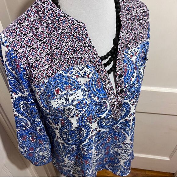 Kim Rogers Navy and Red Geometric Blouse Womens Petite Large - Picture 1 of 11
